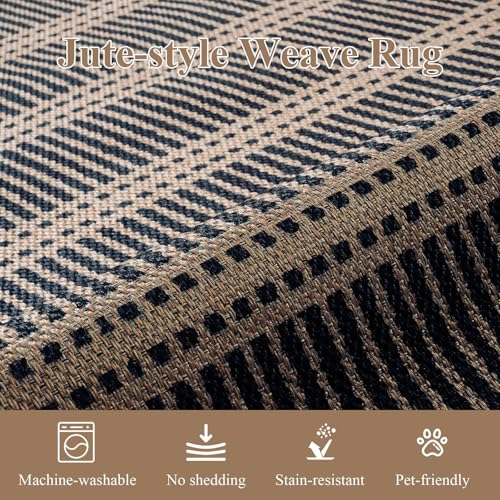 Outdoor Indoor Rug 3x5 Black Stripe Washable Non Slip Geometric Door Mat for Entryway Patio