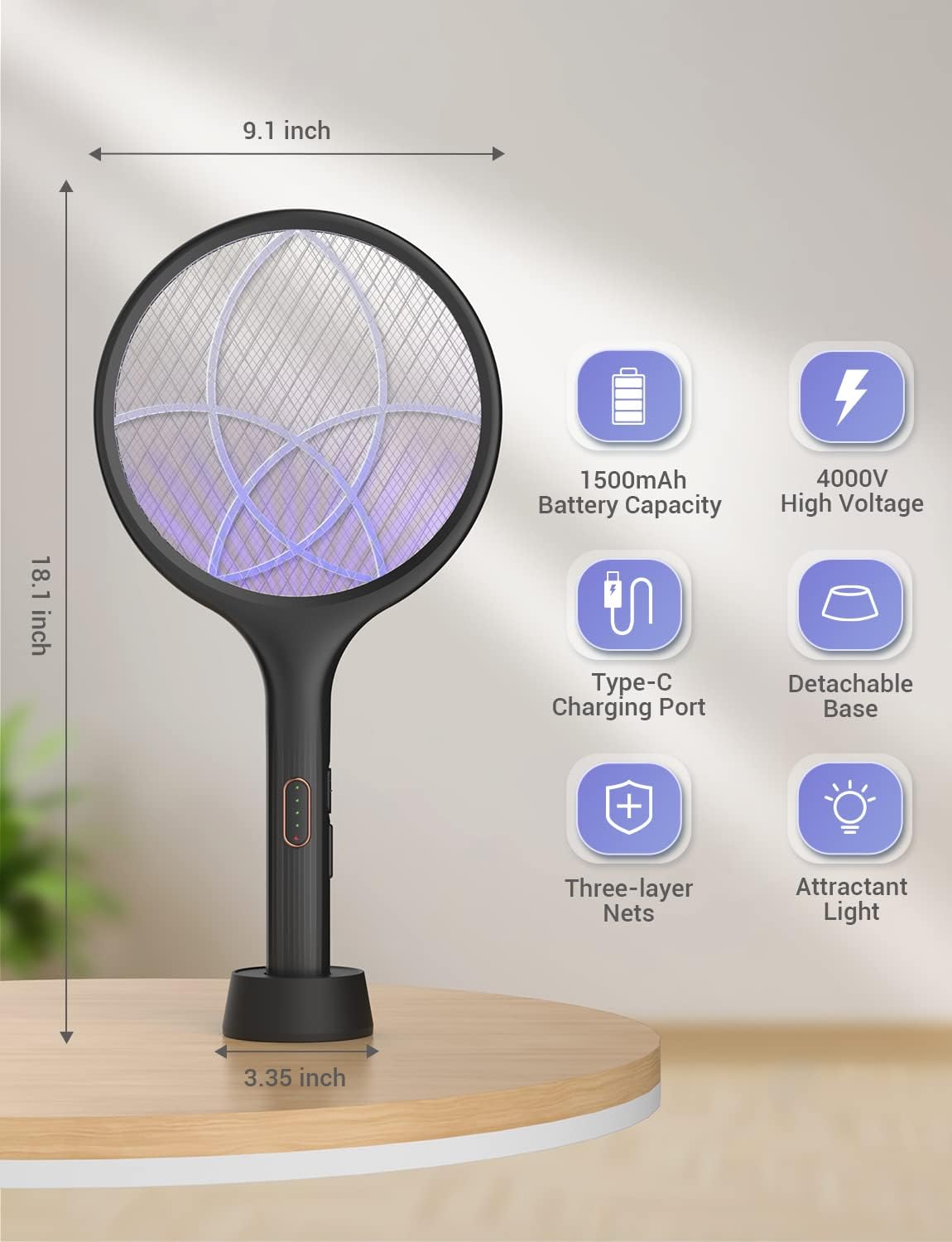 YISSVIC Electric Fly Swatter - 4000V Bug Zapper Racket with Dual Modes & Rechargeable Purple Light | Black, 1 Pack