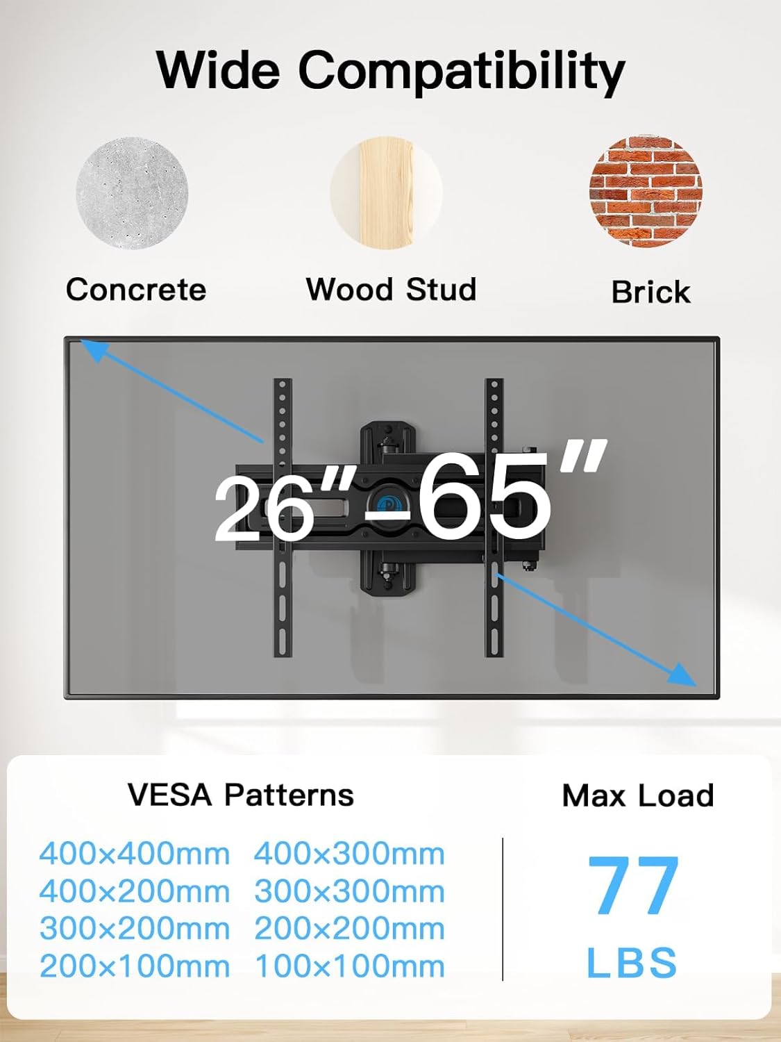 Pipishell Full Motion TV Wall Mount - Adjustable Bracket for 26-65 Inch TVs | Max VESA 400x400mm, 77 lbs Capacity