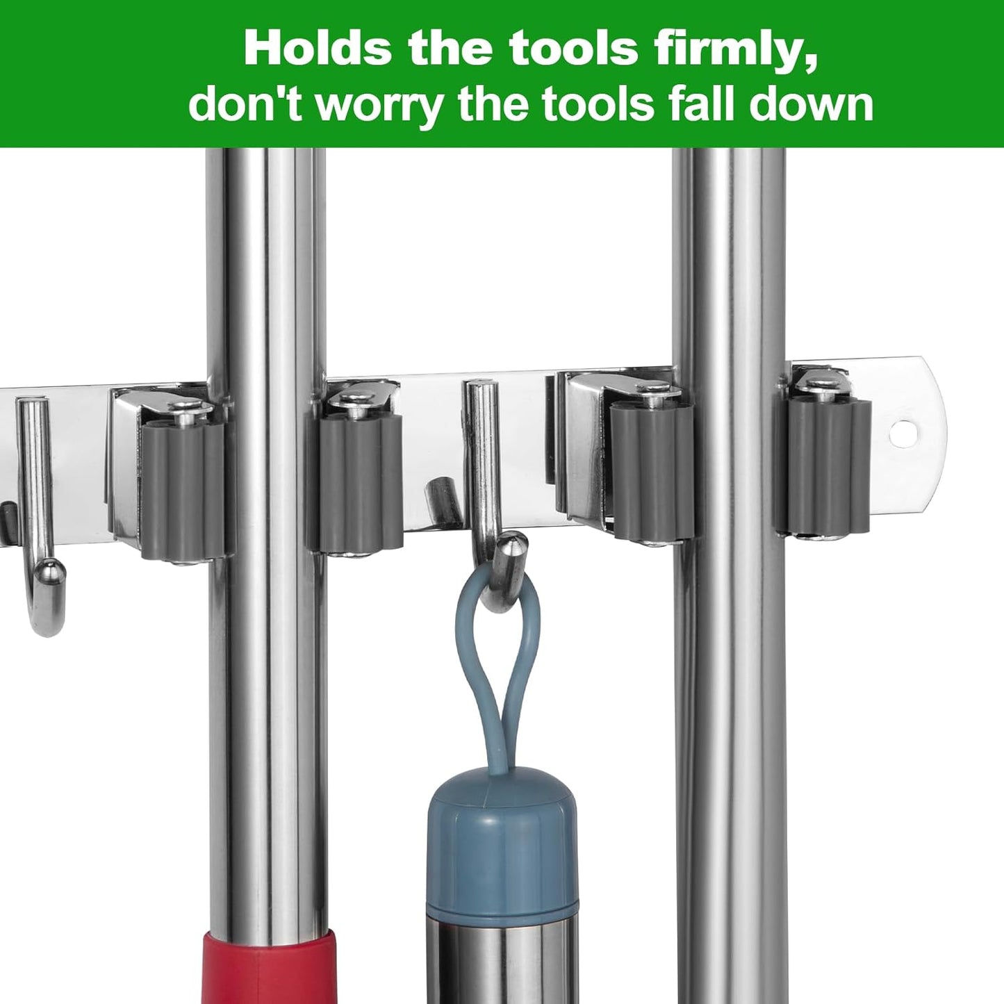 Voze Mop and Broom Holder - 3 Racks & 4 Hooks, Heavy-Duty Self-Adhesive Organizer for Home & Garage