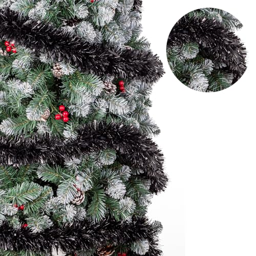 Gloreyan 33ft Black Christmas Tinsel Garland - Foil Glitter Decor for Holiday Tree, Halloween, Weddings