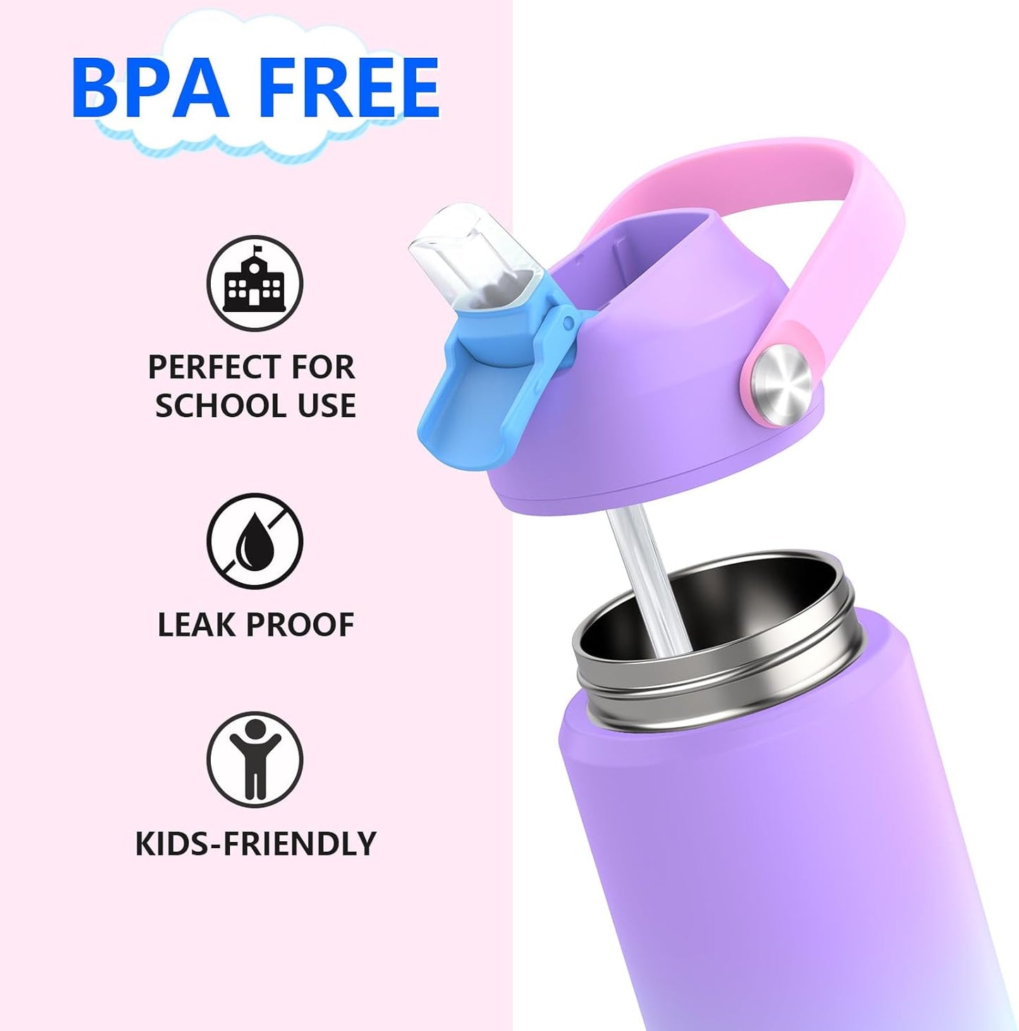 Skiennix Kids Purple Water Bottle - 18 oz Insulated Stainless Steel Cup with Straw | Leakproof Design