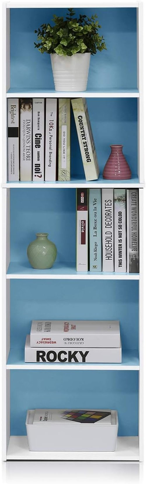 Furinno LUDER 5-Tier Bookshelf - Open Shelves for Easy Assembly | White/Light Blue, 9.4 x 15.8 x 52