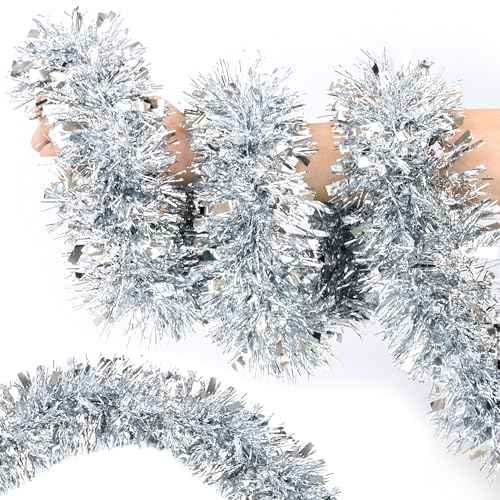50FT Silver Metallic Twist Shiny Garland for Christmas Tree Decorations, Xmas Holiday Hanging Garland for Home Mantle Stair Indoor Outdoor Party Supplies Decor