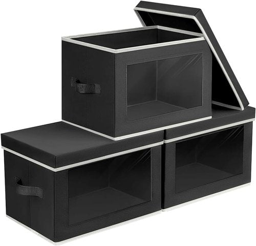 Homsorout Storage Bins - Collapsible Fabric Organizers with Lids for Clothes | 3 Pack, Black