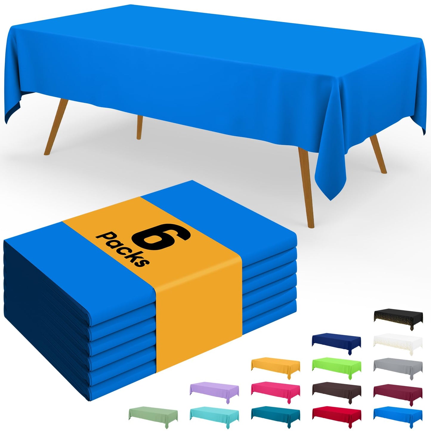 Smiry Disposable Table Cloth - 6 Pack, 54 x 108 Inch Waterproof Rectangle Tablecloths for Parties, Decorative Plastic Table Cover, Leakproof & Sturdy, Blue