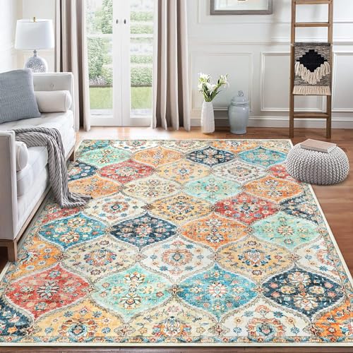 8x10 Cream Moroccan Trellis Washable Area Rug - Vintage Pattern, Non-Slip, Pet Friendly