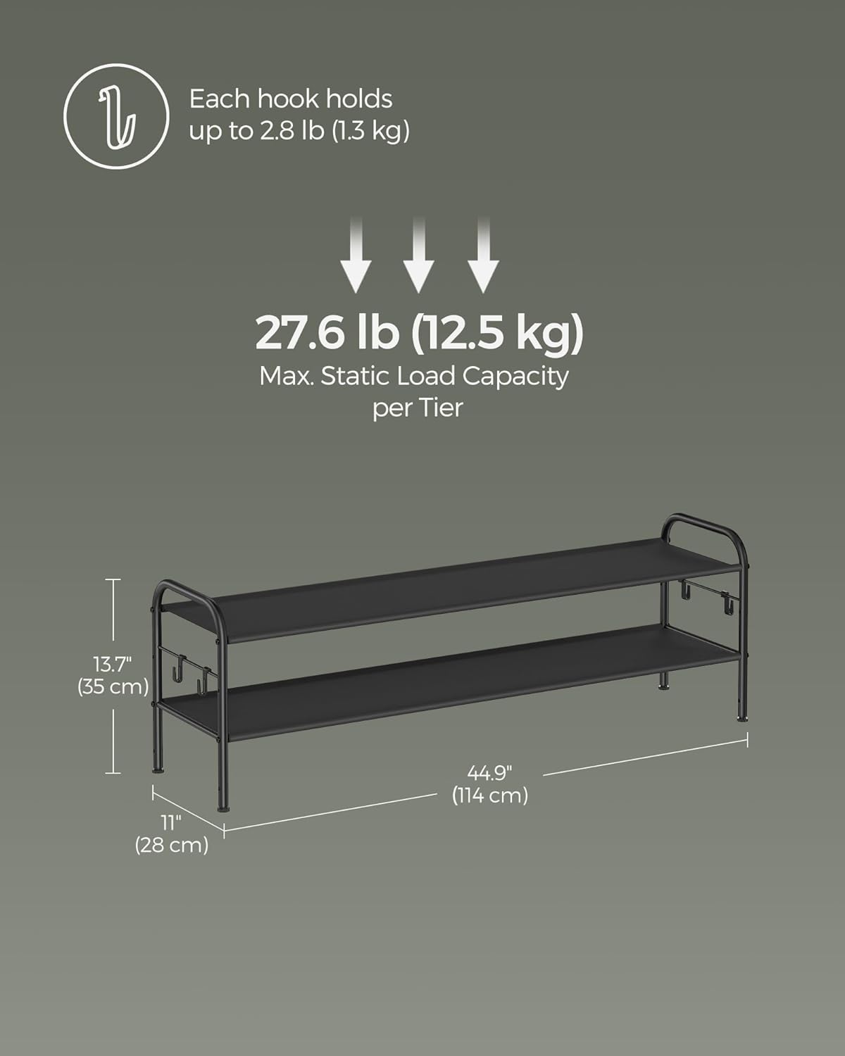 SONGMICS Shoe Rack - 2-Tier Fabric Organizer with 4 Hooks | Holds 12 Pairs - Height Adjustable, Ink Black