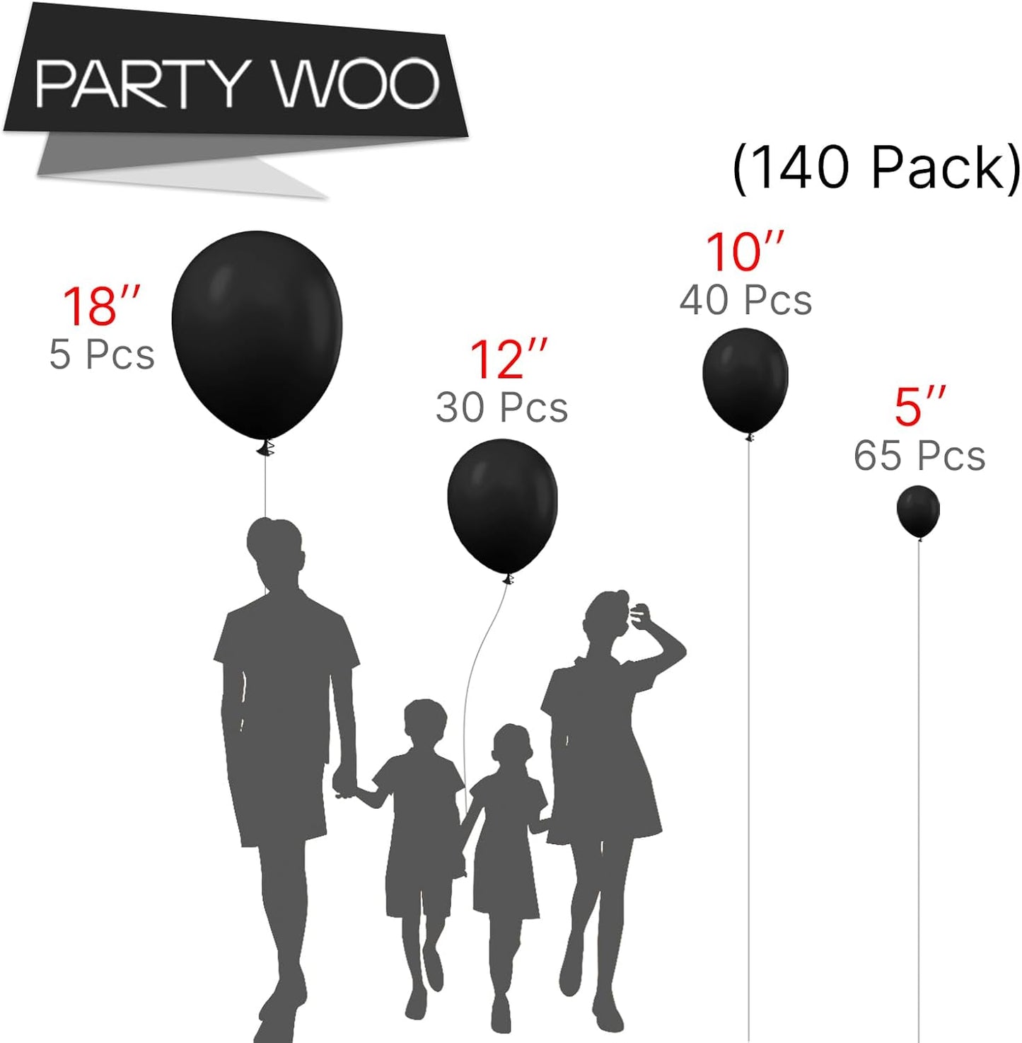 PartyWoo Black Balloons - 140-Piece Arch Kit with Various Sizes for Baby Showers, Birthdays & More