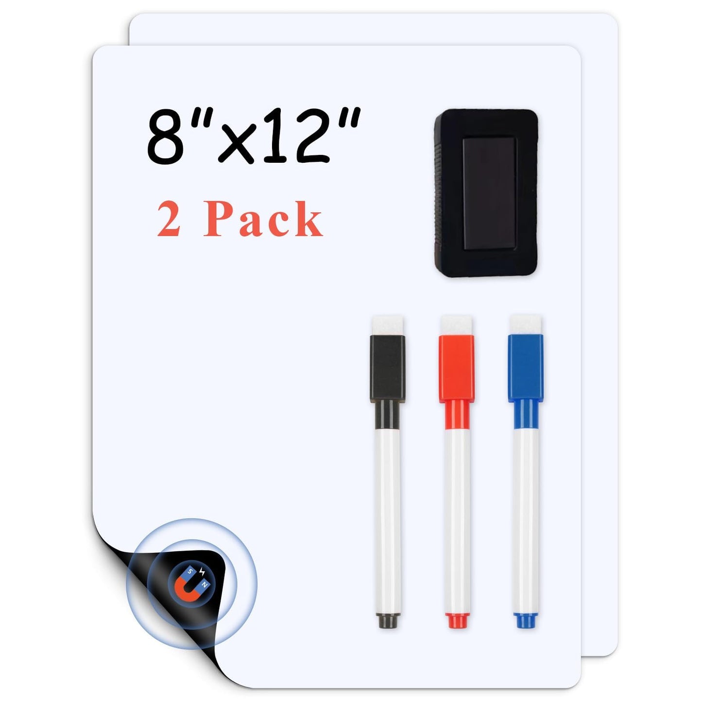 LYZZXI Magnetic Fridge White Board Paper, 8" x 12" 2 Pack Small Dry Erase Board Sheet for Organizer and Planner, Kitchen Refrigerator Whiteboard for Family to-do List, Includes Markers and Eraser