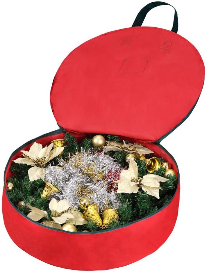 Primode Christmas Wreath Storage Bag - Heavy Duty 24" Container with Handles - Durable 600D Oxford Polyester (Red)