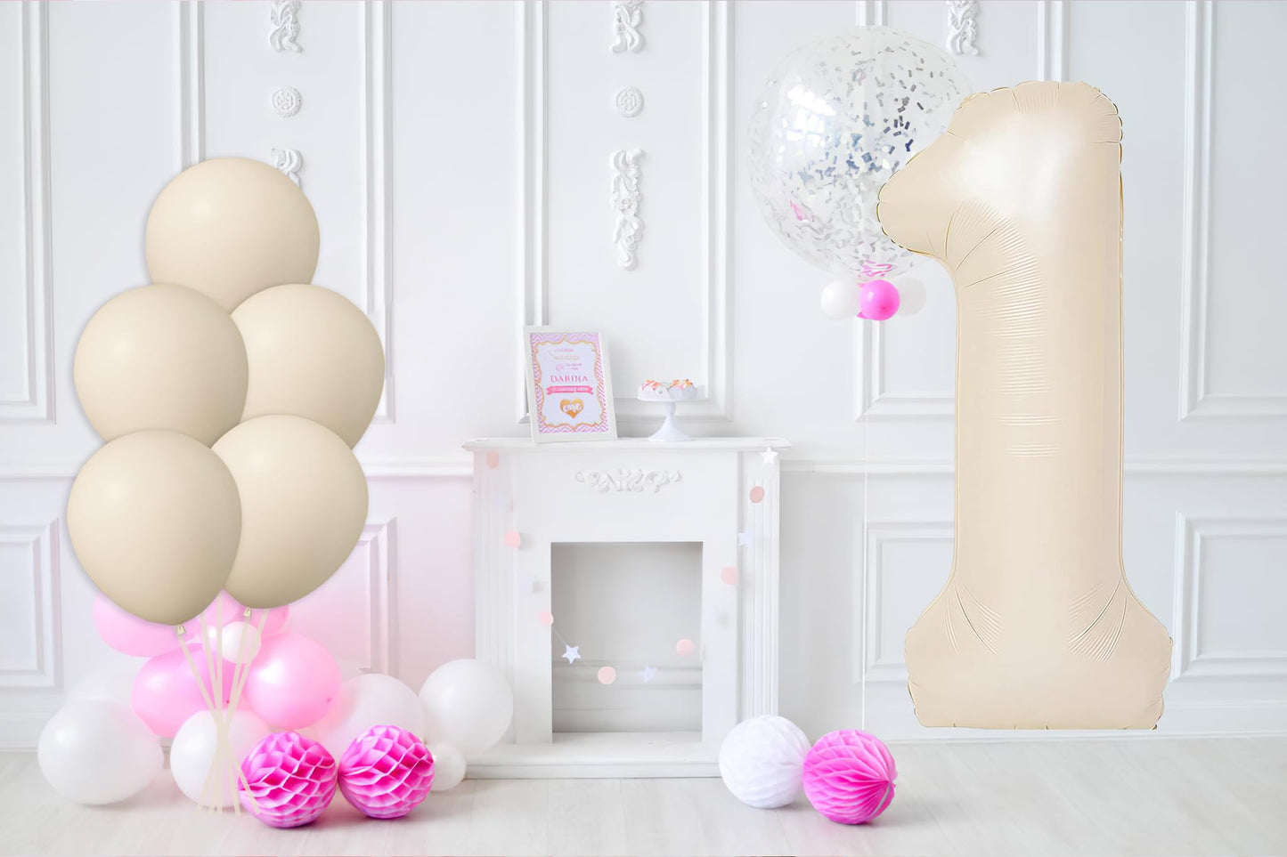 40 Inch Beige Number 1 with Latex Balloons, Large Big Foil Number Balloons for Kids Boys 1st Birthday Party Decorations Boys Cute Baby Shower Supplies Anniversary Celebration