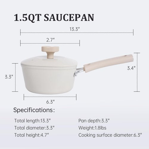 1.5QT Saucepan with Lid, Nonstick Ceramic Coating, PFAS & PFOA-Free, Induction Compatible, Dishwasher Safe, Stay-Cool Handles, Durable Scratch-Resistant Design