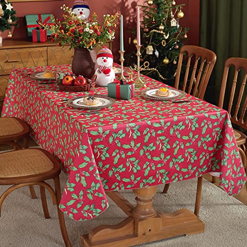 SASTYBALE 60 x 120 in Red Floral Holly Tablecloth | Vinyl with Flannel Backing, Waterproof Rectangle Plastic Table Cover