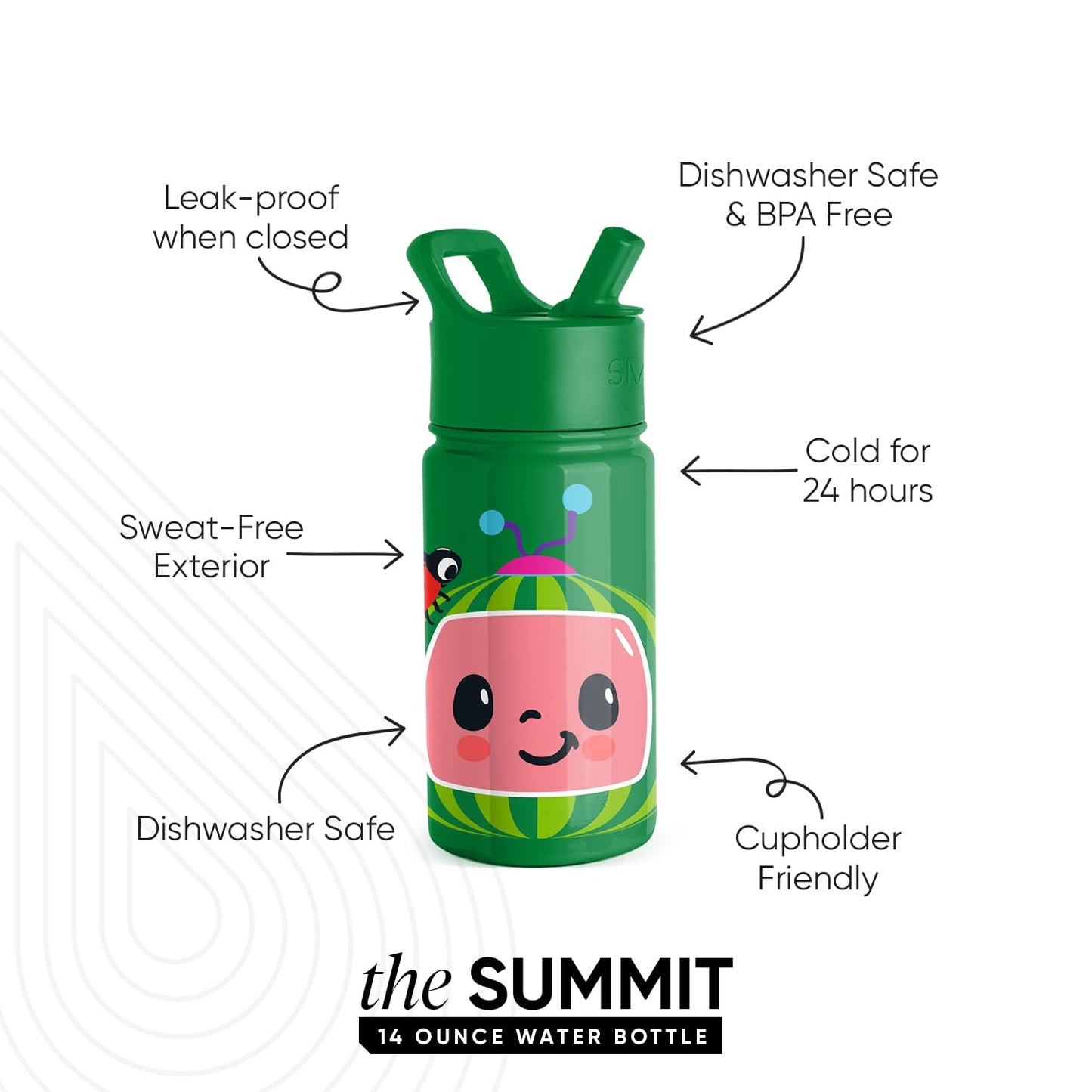 Simple Modern Kids Summit Water Bottle with Straw Lid | CoComelon 14oz Stainless Steel Cup Insulated Tumbler for Toddlers, School | CoComelon Watermelon