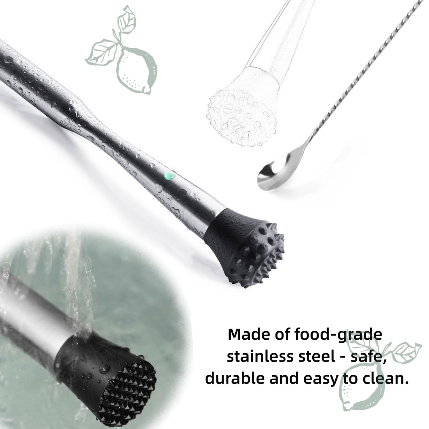 LEGERM 8'' & 12" Stainless Steel Cocktail Muddler & Long Handle Mixing Spoon Set - Professional Bar Tools for Mojitos, Fruit Drinks & Craft Cocktails | Heavy-Duty Stirring & Muddler Kit