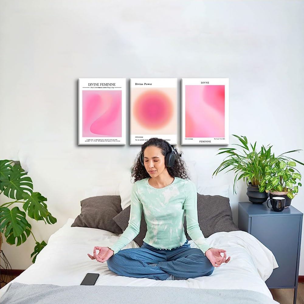 Trendy Aesthetic Canvas Wall Art Set of 3 - Pink Gradient Aura Angel Posters | Framed 12x16 Inch Decor for Bedroom & Living Room