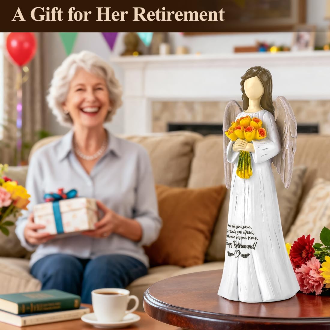 Sentimental Retirement Gifts for Women -Angel Figurine Retired Gifts for Teacher, Leader, Nurse, Coworker, Boss, Friends, Happy Retirements Hand-Painted Angel Statue with Flowers 7"