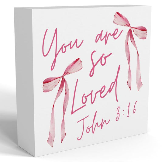 Pink Christian Bible Verse Decor, Valentines Coquette Bow Room Decoration, Valentines Christian Gifts for Women, Pink Office Desk Decor, Wooden Box Decoration for Home Bedroom Girls Dorm Apartment - John 3:16