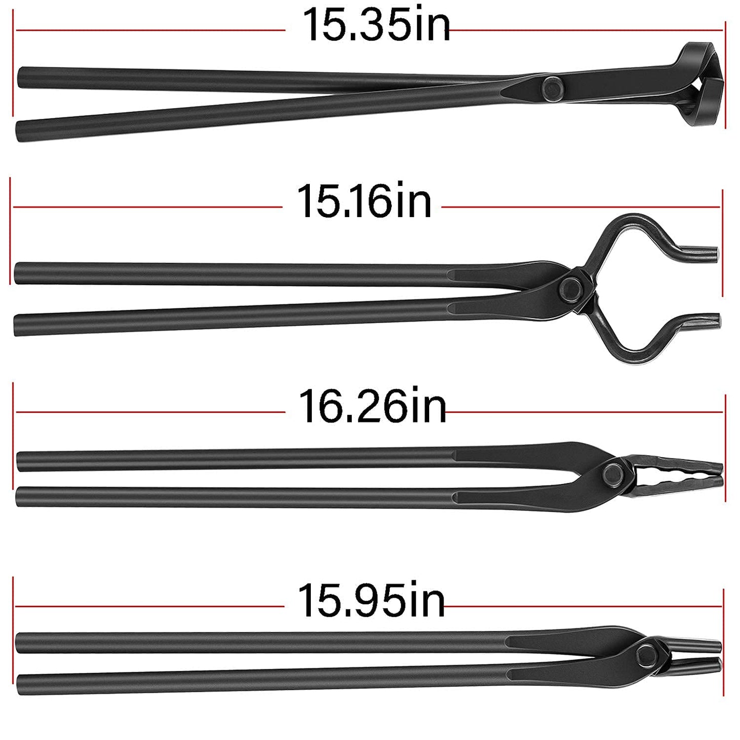 Blacksmith Forging Tools Knife Making Tongs Set Fire Tongs Anvil Blacksmithing Tongs Forge Tools Includes V-Bit Bolt Tongs, Wolf Jaw Tongs, Flat Tongs, Blade Tongs (Pack of 4)