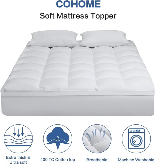 COHOME Queen Size Mattress Topper - Extra Thick Cooling Pad with Plush Down Alternative Fill | 60x80 Inches, White