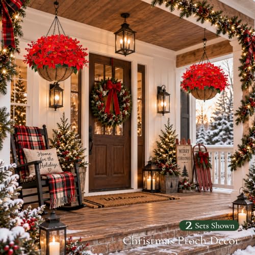Der Rose Artificial Poinsettia Flowers 8 Stems with Holly Berries - Holiday Decor