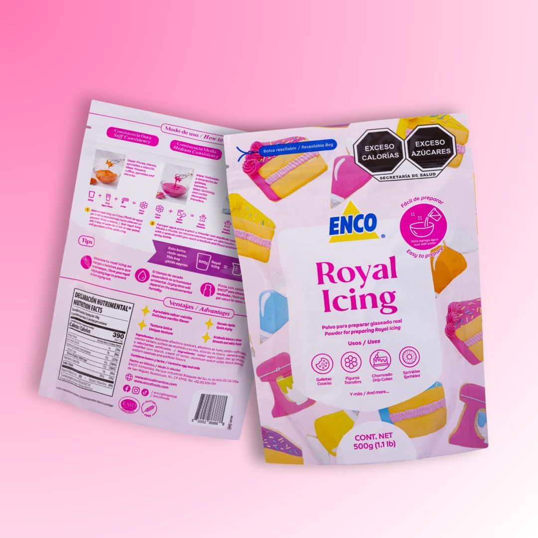 ENCO White Royal Icing Mix, Vanilla Flavor – Easy to Use, Just Add Water, Smooth & Glossy Finish, Fast Drying, Versatile for Cookie Decorating (1.1 lb / 500g)