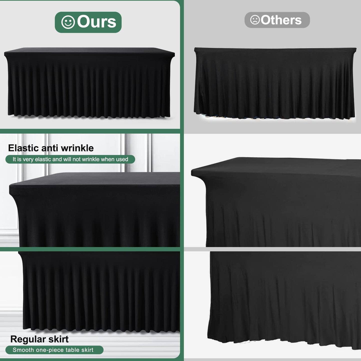 BDDC Table Skirts for Rectangle Tables 6ft - One-Piece Black Tablecloths and Skirt, Wrinkle Resistant Ruffles Elastic Cover for Banquets, Weddings, Events, Parties