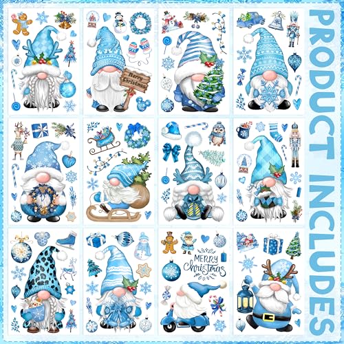 BORAMDO Xmas Gnome Snowflake Window Clings 12 Sheets - Watercolor Holiday Decals (Variation: Xmas Gnome-C)