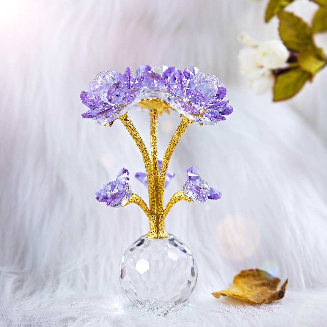 QFkris Purple Crystal Rose Flower Figurine - 6" Collectible Glass Statue | Elegant Home Decor Gift for Women