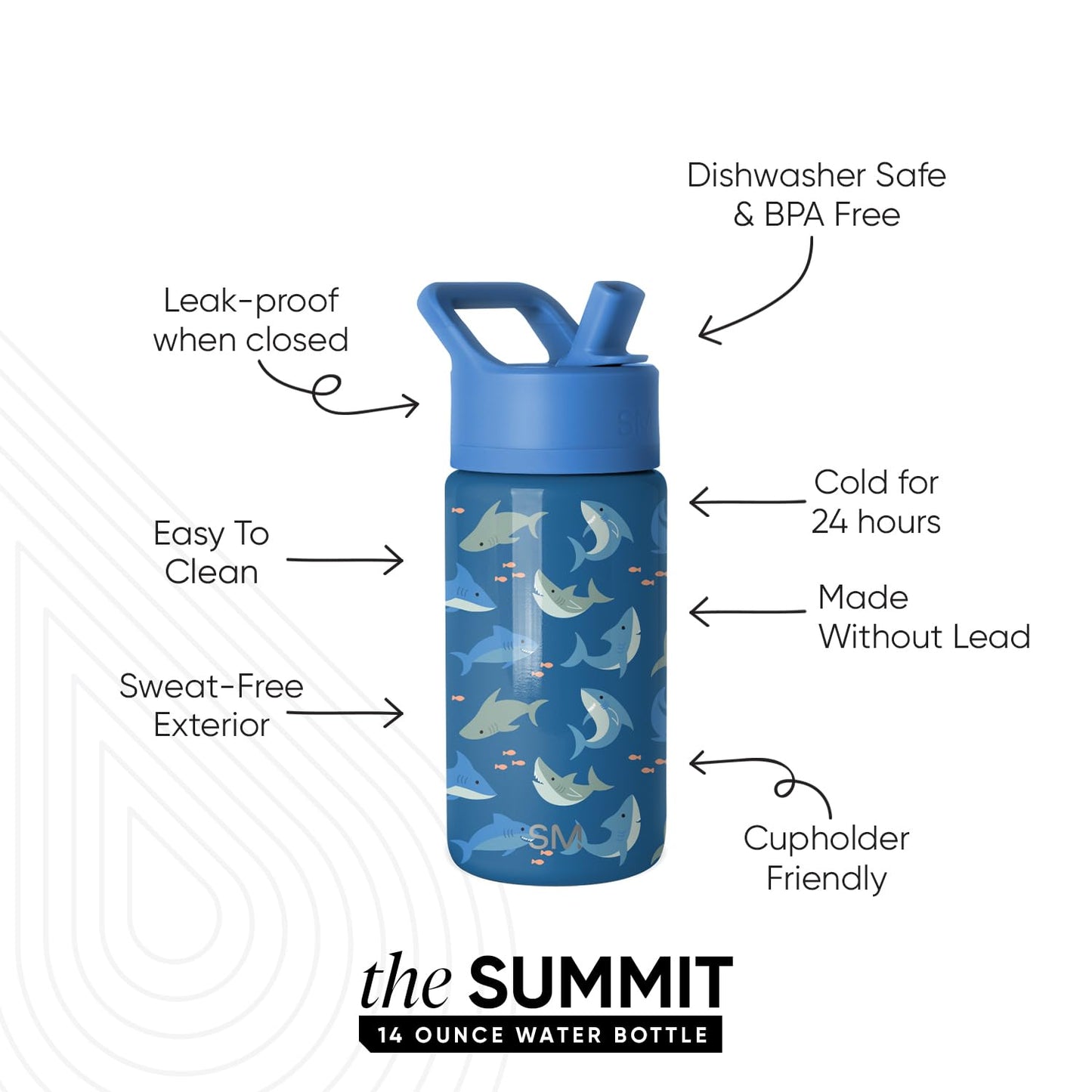 Simple Modern Kids Summit Water Bottle with Straw Lid | 14oz Stainless Steel Cup Insulated Tumbler for Toddlers, School | Shark Shiver