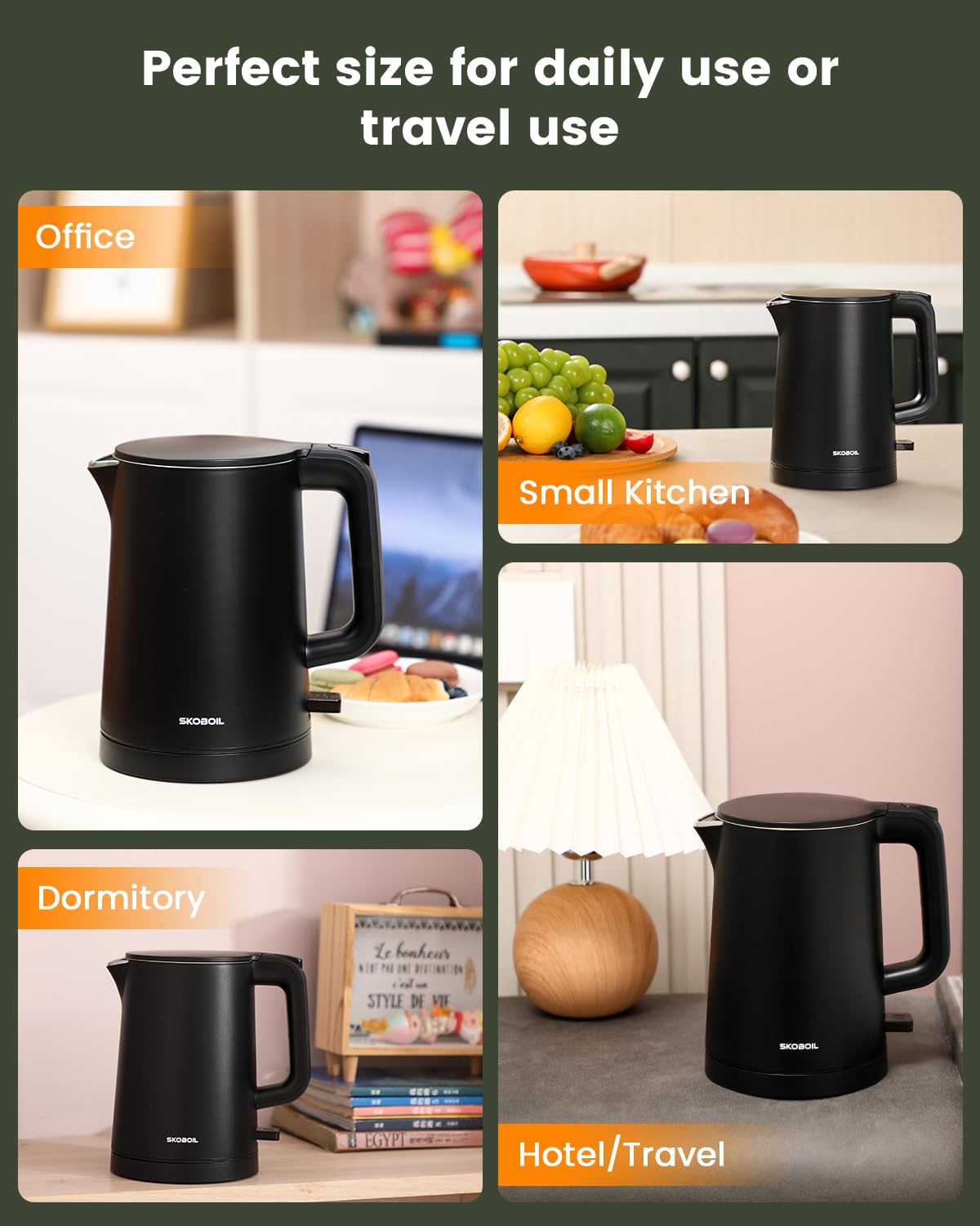 SKOBOIL Electric Kettle Small for Tea & Coffee, 0.8L (27OZ) Double Wall Stainless Steel Hot Water Boiler, Fast Boiling Water Heater & Teapot with Auto Shut-Off, Boil-Dry Protection