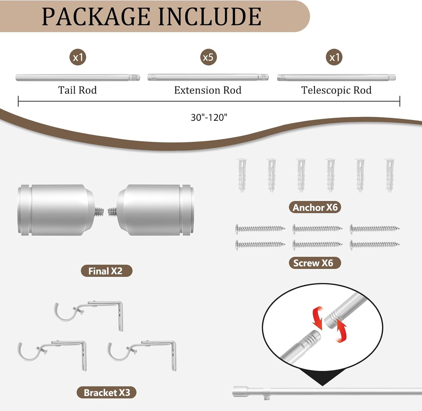 Skiennix 1” Diameter Silver Curtain Rods - Heavy Duty Adjustable Window Treatment, 30-120 Inch, Ideal for Bedroom & Living Room