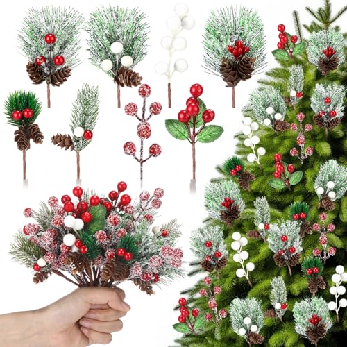 Retrowavy 56-Piece Christmas Floral Picks Set with 8 Styles, Snowy Red & White Berries