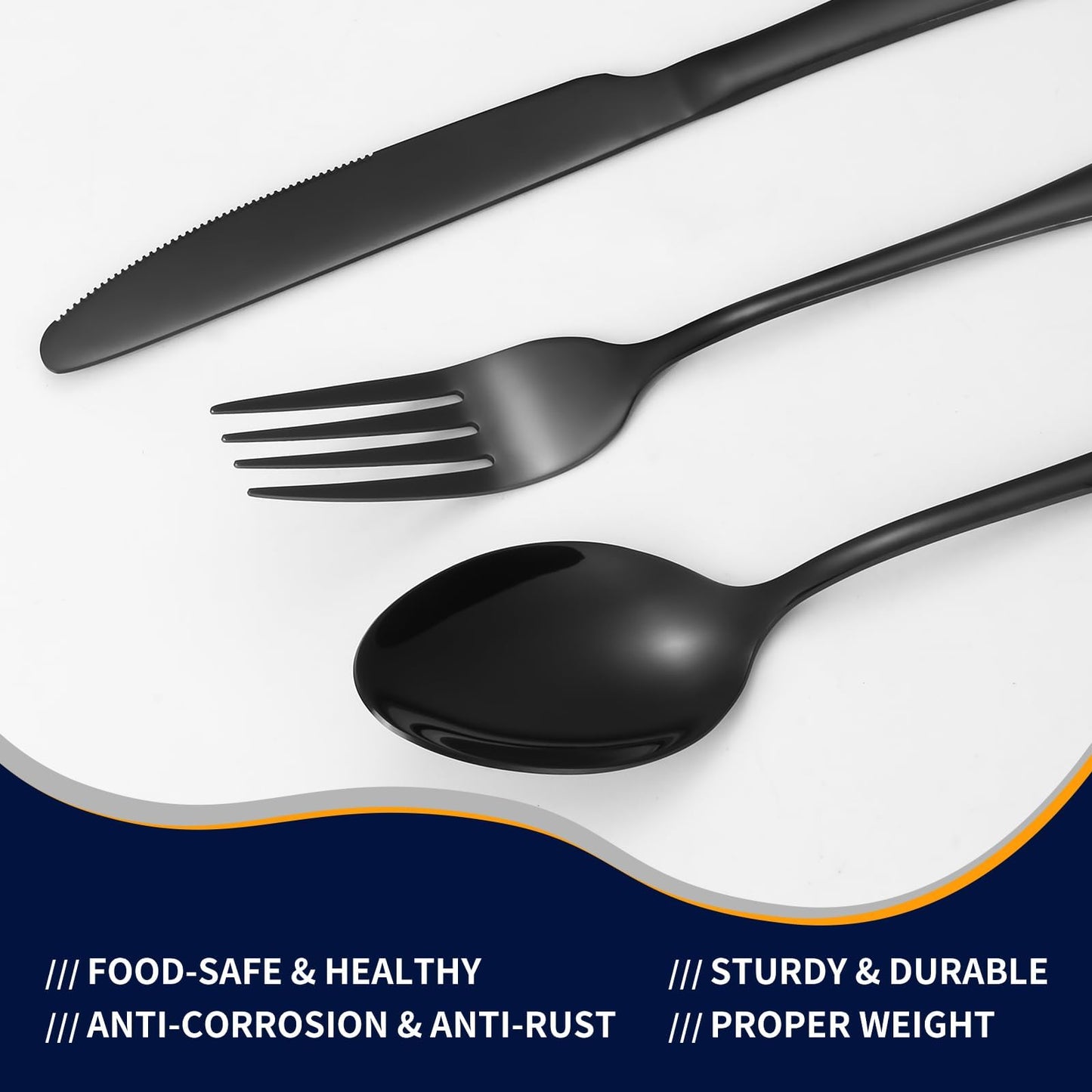 60-Piece Black Silverware Set with Steak Knives Black Stainless Steel Flatware Set for 10 Food Grade Tableware Cutlery Set Rust-proof, Mirror Polished, Dishwasher Safe