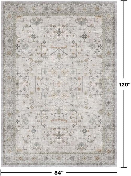 Hazo Haus Boho Living Room Rug - Light Grey Floral Design | Washable Low Pile 7x10 Area Rug