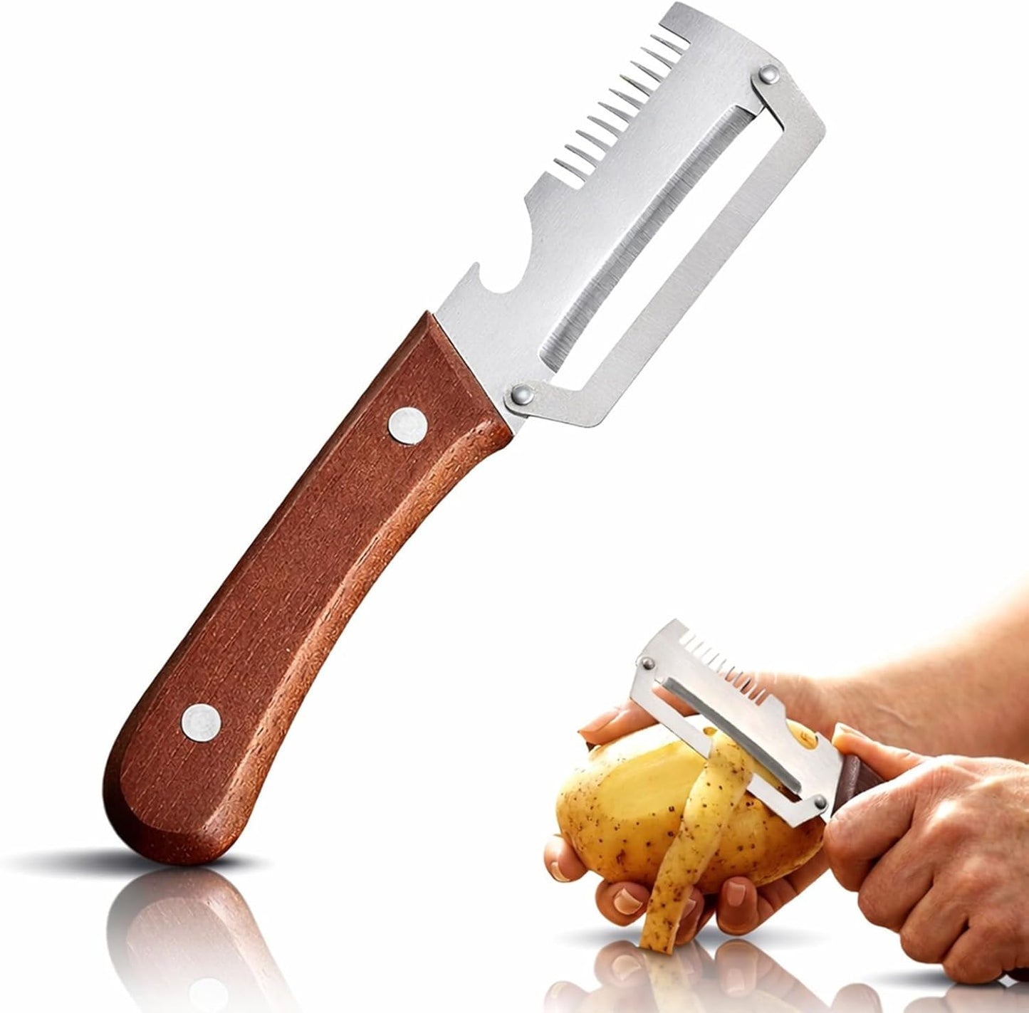 Skiennix Multi-Functional Vegetable Peeler - Stainless Steel with Wooden Handle | Ideal for Fruits & Scallions