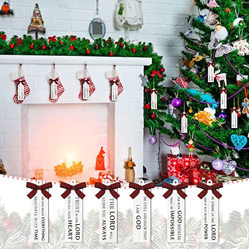 Gerrii 24-Pack Christmas Bible Verse Wooden Ornaments with Buffalo Plaid Bow - 3.94in Religious Holiday Decor