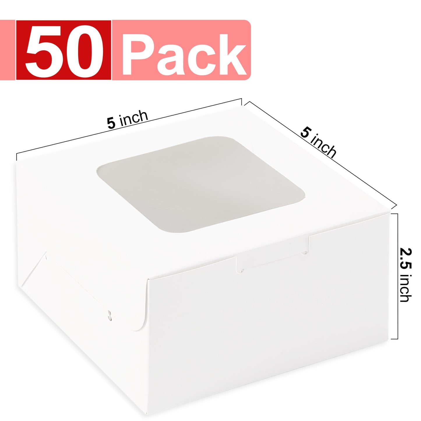 KGVZPT 50pcs White Cake Boxes with Window,5x5x2.5 Inches Small Bakery,Treat,Pastry,Cookie,Dessert Boxes,Macaroon,Donut,Candy,Christmas Gift Giving