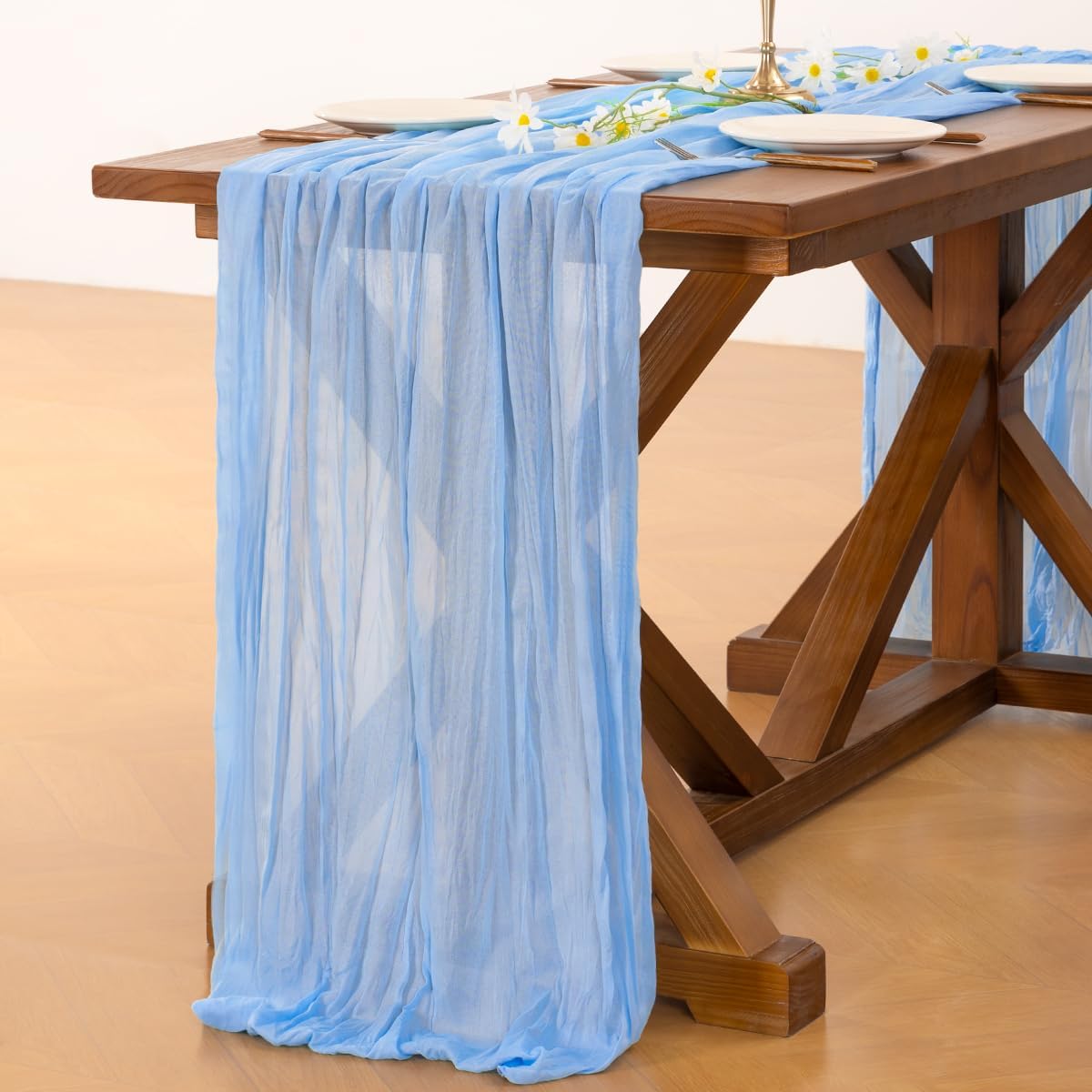 Socomi Cheesecloth Table Runner - Light Blue Boho Rustic Design | 120 Inch for Weddings & Events