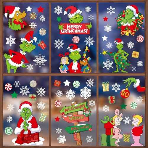 Christmas Window Clings, 9 Sheets Double-Sided Printed Christmas Elf Faces Window Stickers, Christmas Window Decals with Snowflake Decals for Christmas Decorations