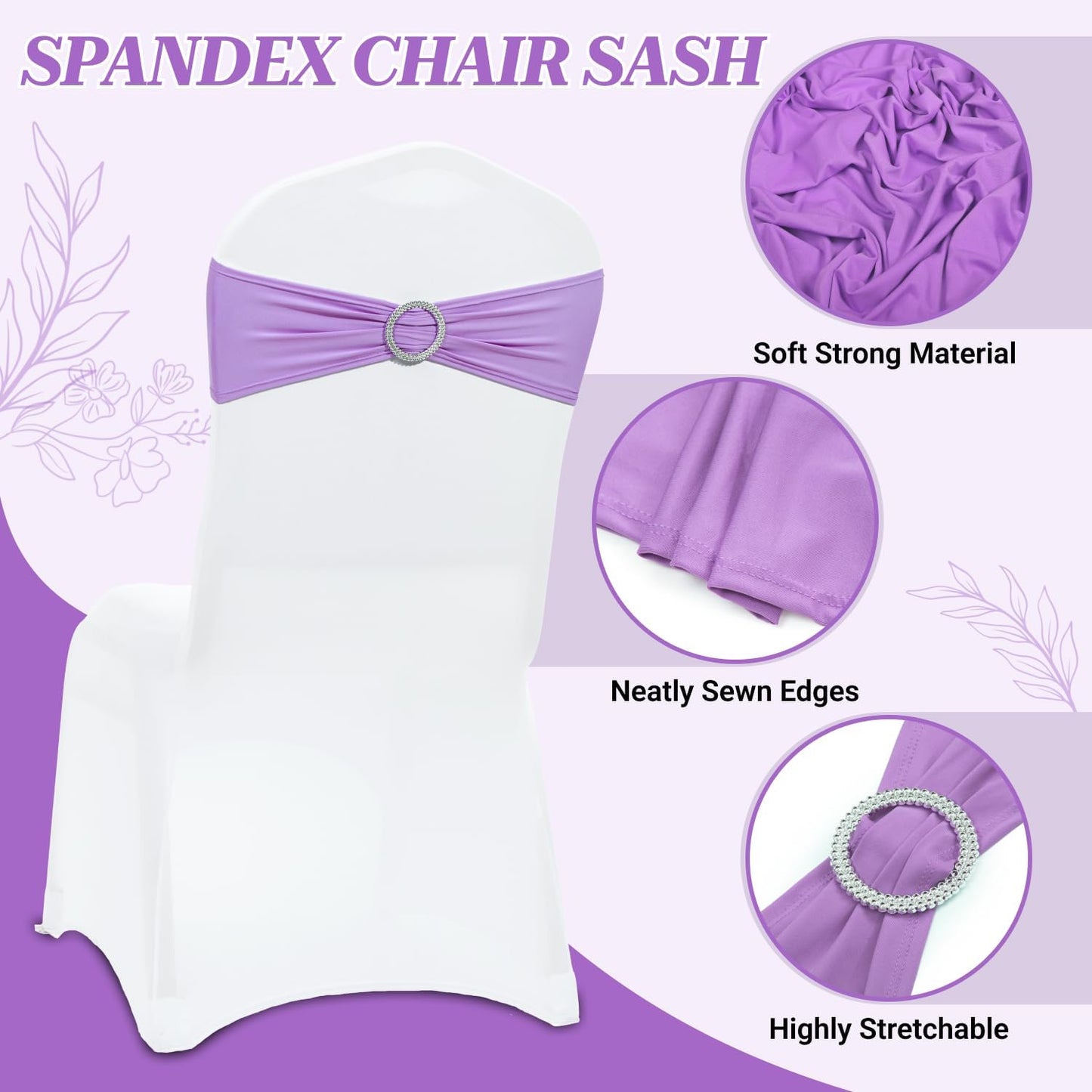 MDS Spandex Chair Sashes - Pack of 125 Elastic Stretch Bows with Slider Buckle for Wedding Decor | Lavender