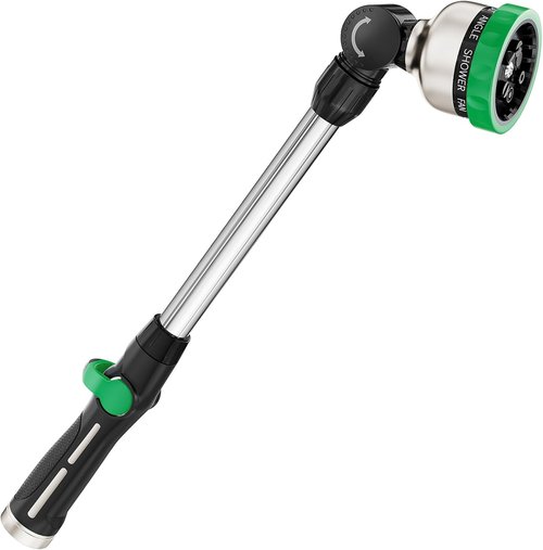FANHAO 16-Inch Heavy Duty Garden Hose Wand - 9 Spray Patterns & 180° Rotating Nozzle | Ideal for Watering Baskets & Shrubs - Green
