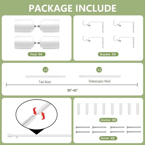 Adjustable 5/8” Diameter White Curtain Rods by [Brand Name] - 30-45 Inch for Small Windows | 2 Pack