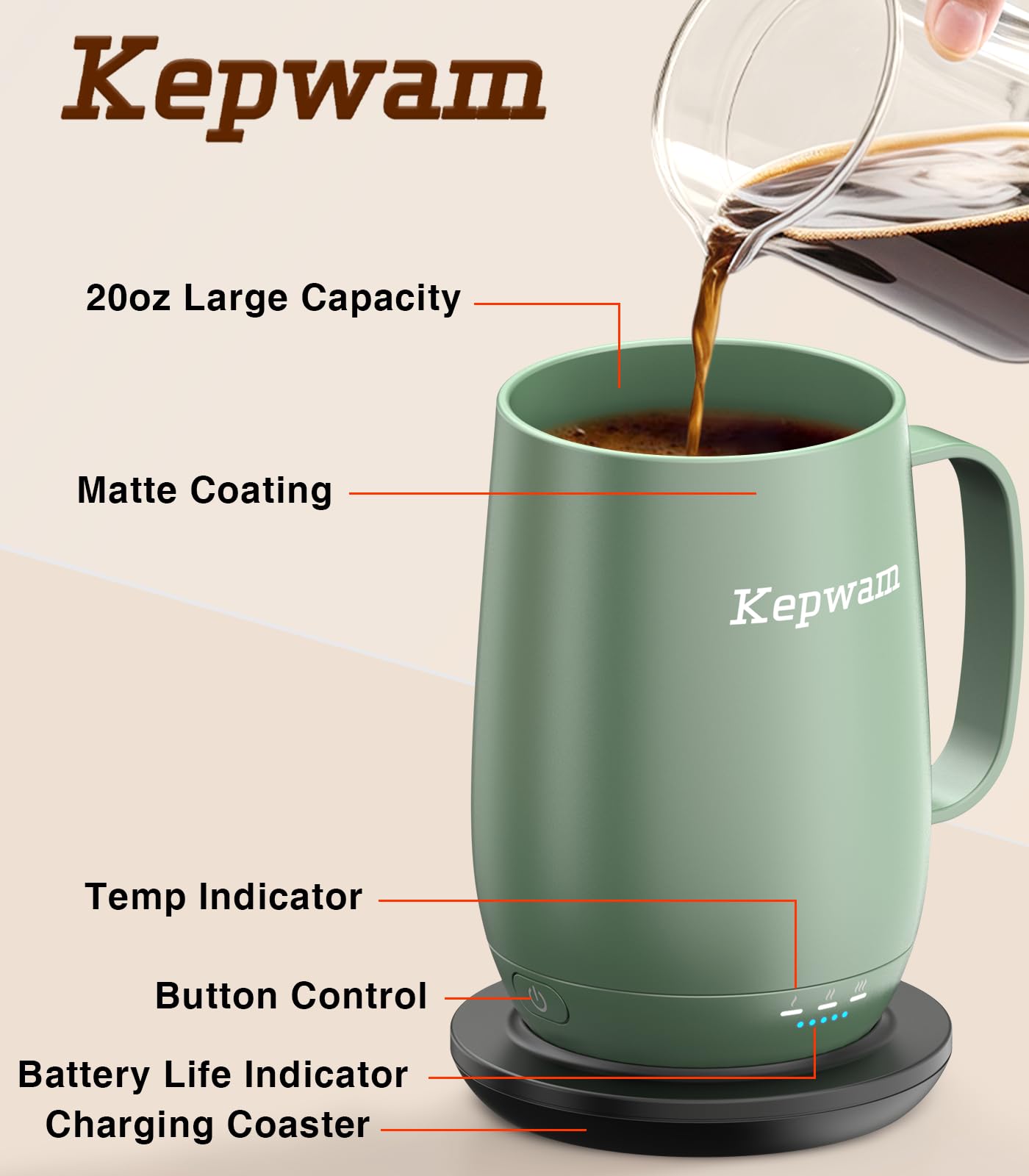 Kepwam Heated Coffee Mug T2-Plus, 20oz Leading Large Capacity Self Heating Coffee Mug, Up to 8 Hrs Battery & Hot Up to 149℉, Smart Coffee Mug for Women, Men