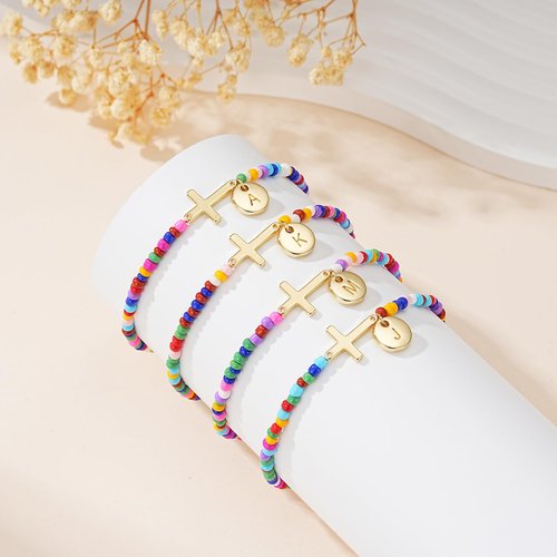 Gnamy Initial Letter A Cross Bracelet for Kids Tween Girls Trendy Stuff Colorful Beaded Bracelets First Communion Confirmation Baptism Christian Birthday Religious Jewelry Presents for Daughter Things