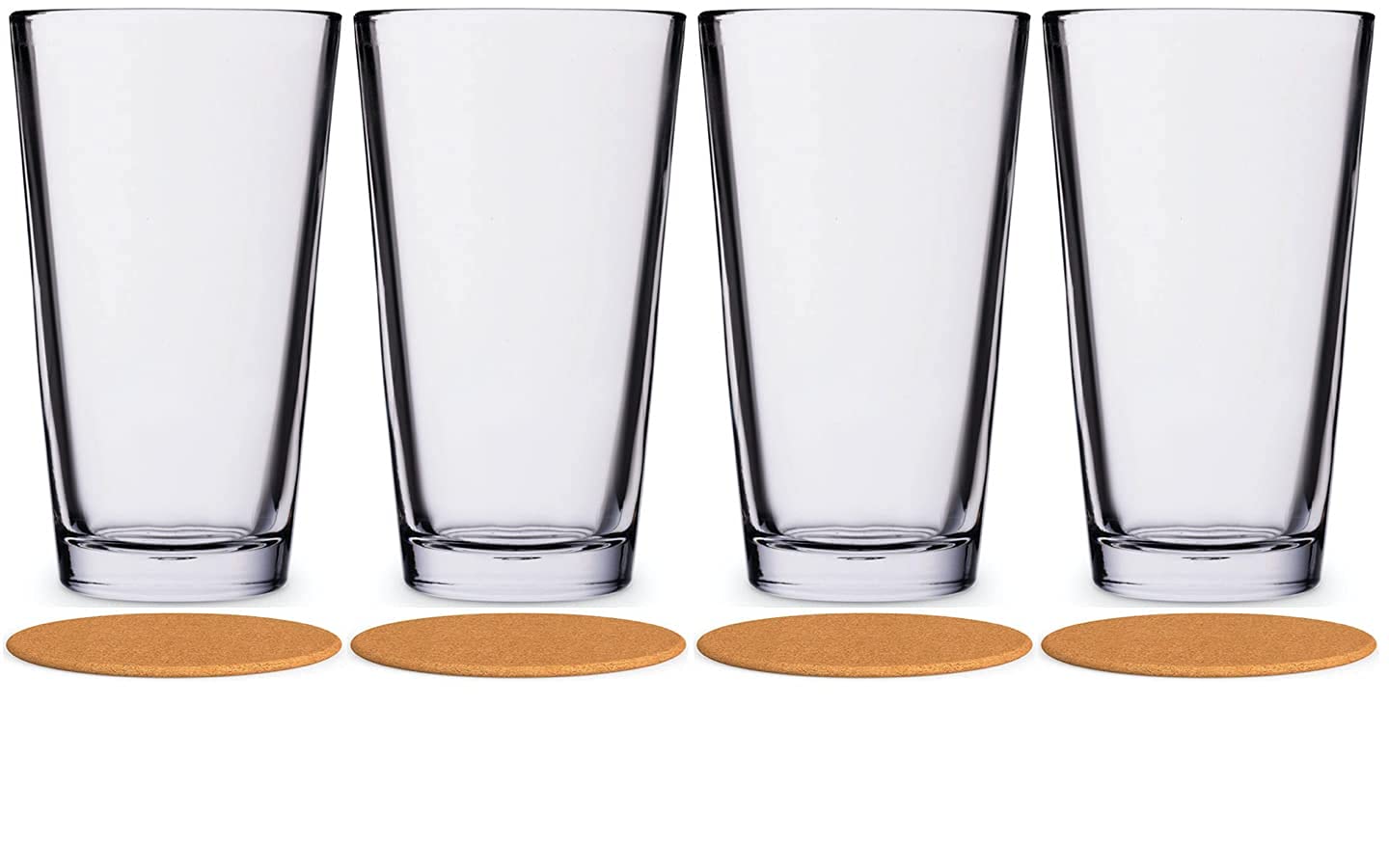 AMZ Empire 16 oz Pint Drinking Glasses Extra Strong - Stackable Highball Glass Cups Set of 4 Tempered Rim Clear Heavy Base, Case of 4 w/coasters