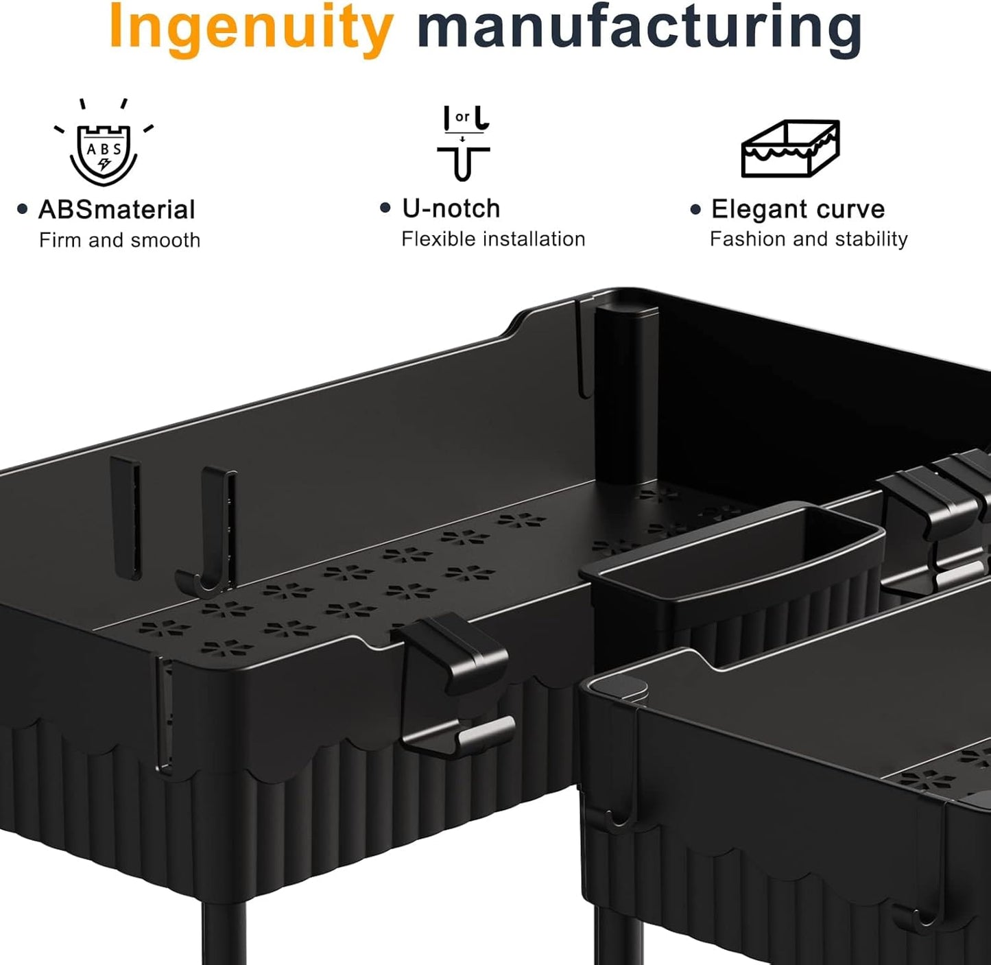Sevenblue Under Sink Organizer - Multi-Purpose Storage Shelf with Hooks for Kitchen & Bathroom | Black, 2 Pack
