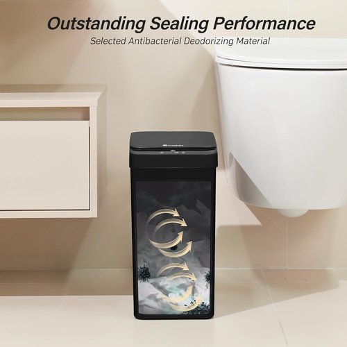 FRESHLIX Touchless Bathroom Trash Can - 2.6 Gallon Automatic Motion Sensor Bin | Waterproof Black Design