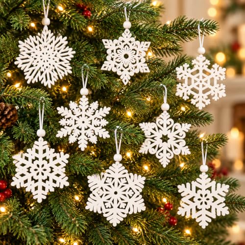 White Wooden Snowflake Christmas Ornaments for Xmas Tree Hanging